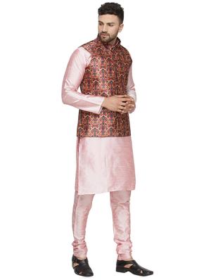 pink solid kurta pyjama set with red printed nehru jacket - 16442315 - Standard Image - 2