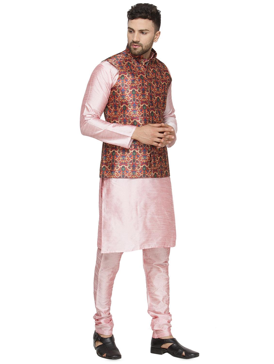 pink solid kurta pyjama set with red printed nehru jacket - 16442315 - Zoom Image - 2