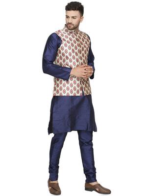 navy blue solid kurta pyjama set with beige printed nehru jacket - 16442317 - Standard Image - 2