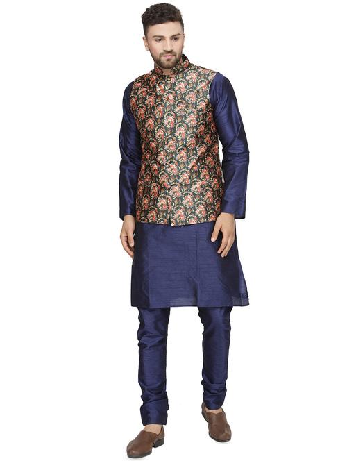 navy blue solid kurta pyjama set with green printed nehru jacket - 16442318 - Standard Image - 1