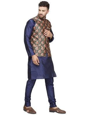 navy blue solid kurta pyjama set with green printed nehru jacket - 16442318 - Standard Image - 2