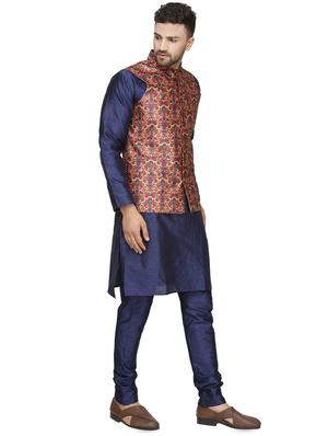 navy blue solid kurta pyjama set with red printed nehru jacket - 16442319 - Standard Image - 2