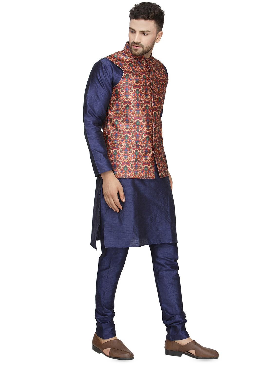 navy blue solid kurta pyjama set with red printed nehru jacket - 16442319 - Zoom Image - 2