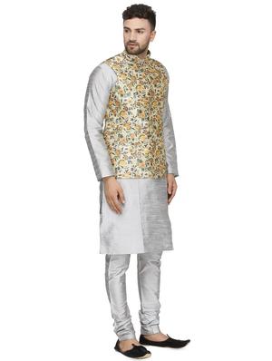 silver solid kurta pyjama set with yellow printed nehru jacket - 16442323 - Standard Image - 2