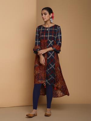 checkered high-low kurta - 16444623 - Standard Image - 2