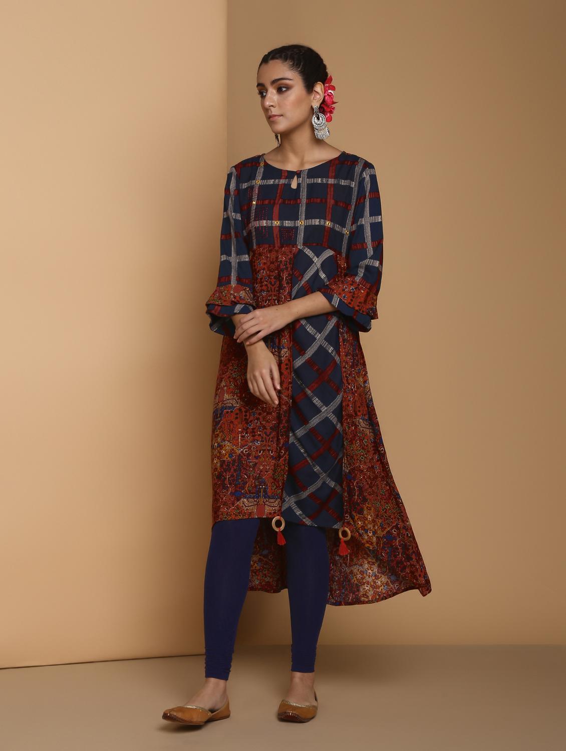 checkered high-low kurta - 16444623 - Zoom Image - 2