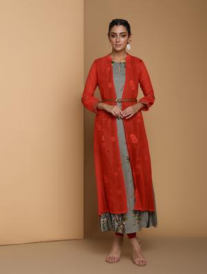 floral printed kurta with jacket - 16444639 - Standard Image - 2