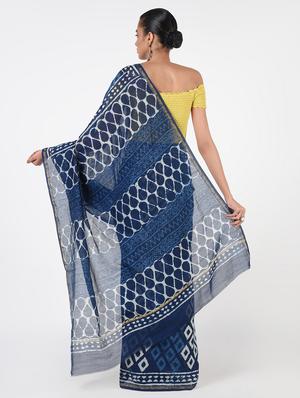 indigo printed saree with blouse - 16450391 - Standard Image - 2