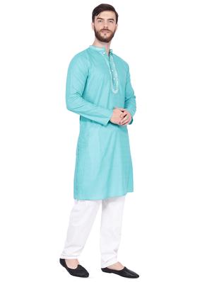 turquoise blue kurta pyjama set with embroidered neckline - 16451116 - Standard Image - 2