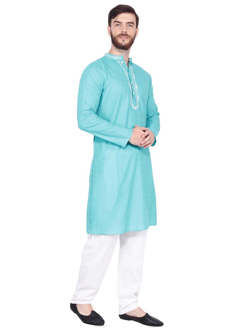 turquoise blue kurta pyjama set with embroidered neckline - 16451116 - Zoom Image - 2