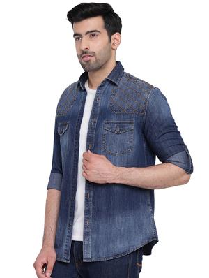 blue faded denim casual shirt - 16451335 - Standard Image - 2
