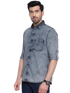 grey faded denim casual shirt - 16451336 - Standard Image - 2
