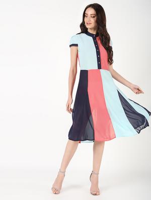mandarin neck color block a-line dress - 16457130 - Standard Image - 2