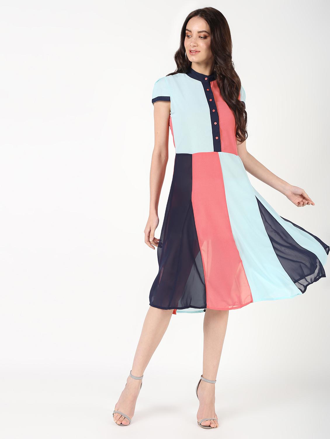 mandarin neck color block a-line dress - 16457130 - Zoom Image - 2