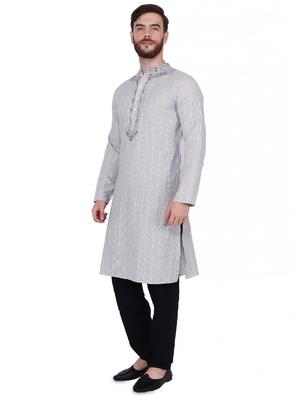 grey striped kurta pyjama set with embroidered neckline - 16462431 - Standard Image - 2