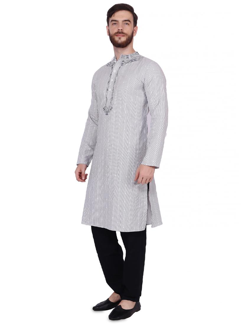 grey striped kurta pyjama set with embroidered neckline - 16462431 - Zoom Image - 2