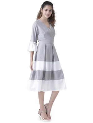 overlap neck color block flared dress - 16470519 - Standard Image - 2