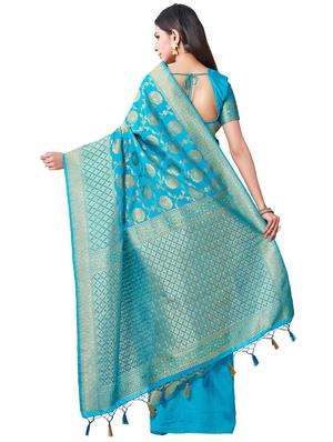 turquoise art silk kanjivaram saree with blouse - 16471464 - Standard Image - 2