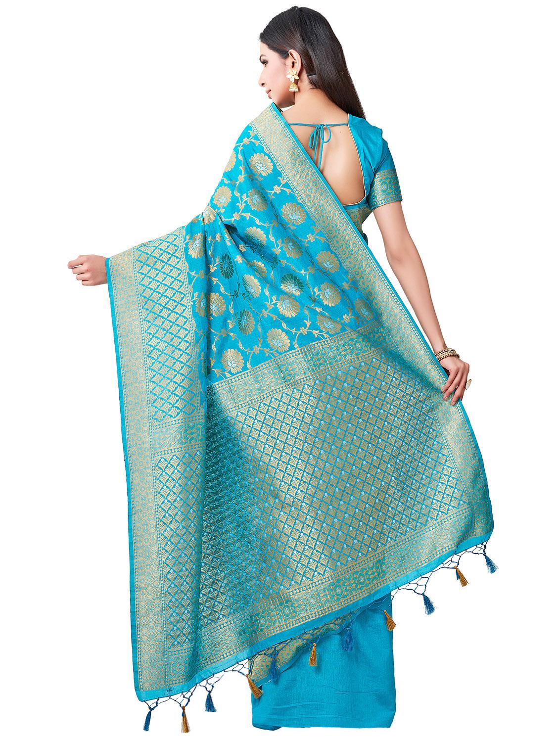 turquoise art silk kanjivaram saree with blouse - 16471464 - Zoom Image - 2