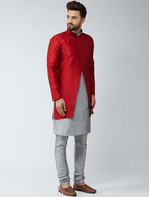 red woven silk blend sherwani set - 16480074 - Standard Image - 2