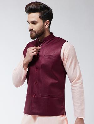maroon solid nehru jacket - 16480400 - Standard Image - 2