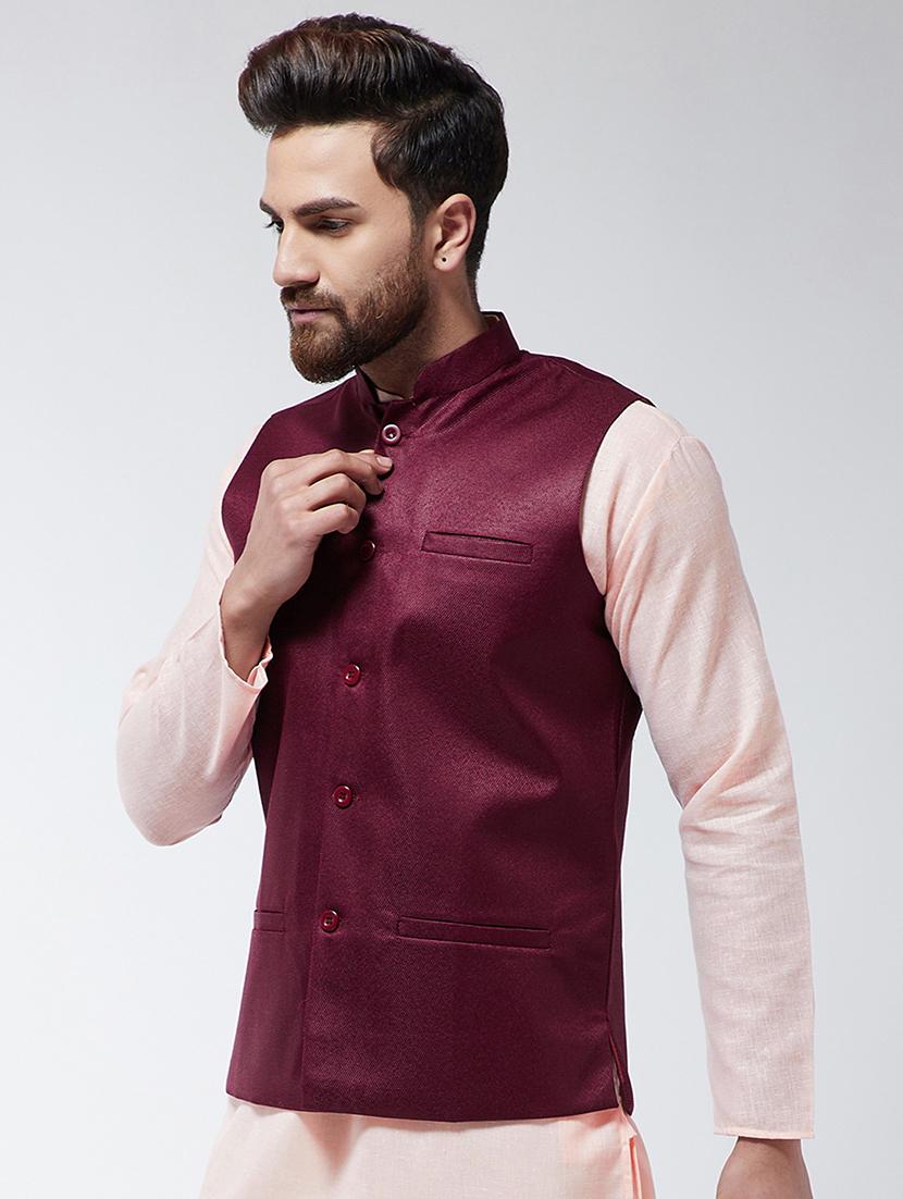 maroon solid nehru jacket - 16480400 - Zoom Image - 2