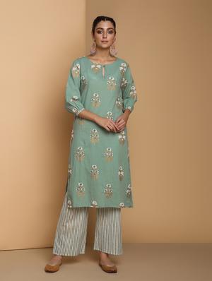 gold printed kurta with palazzo set - 16483199 - Standard Image - 2