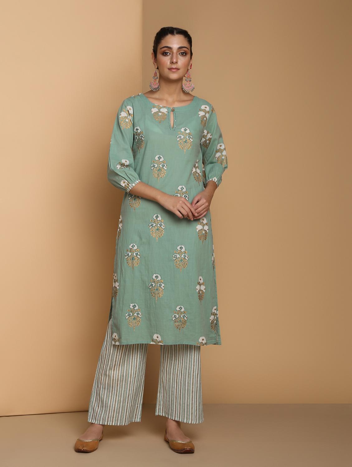 gold printed kurta with palazzo set - 16483199 - Zoom Image - 2