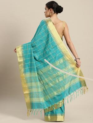 turquoise cotton silk printed saree with blouse - 16484641 - Standard Image - 2
