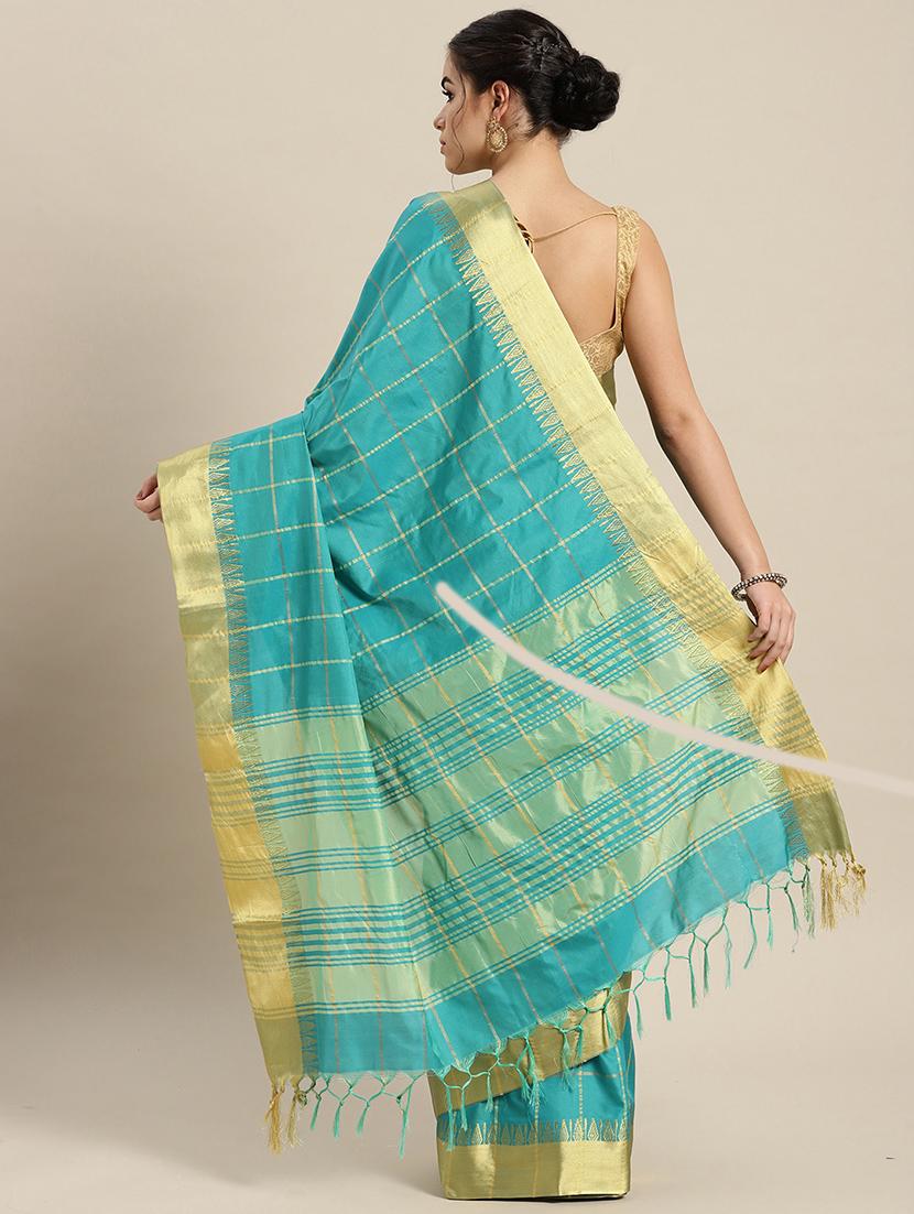turquoise cotton silk printed saree with blouse - 16484641 - Zoom Image - 2