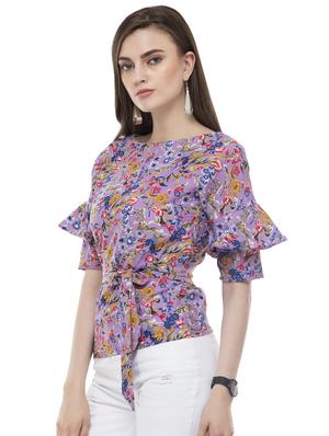bell sleeved tie knot floral top - 16486061 - Standard Image - 2