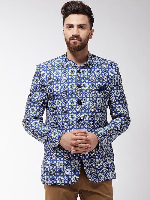 blue printed bandhgala blazer - 16495468 - Very Small Image - 1
