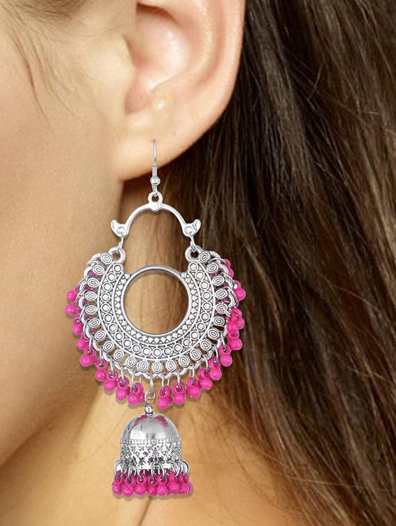 pink metal jhumka earring - 16497978 - Zoom Image - 2