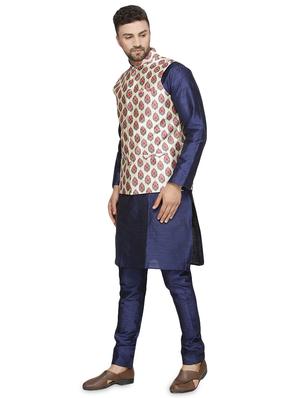 blue silk blend kurta pyjama set with beige printed nehru jacket - 16500272 - Standard Image - 2