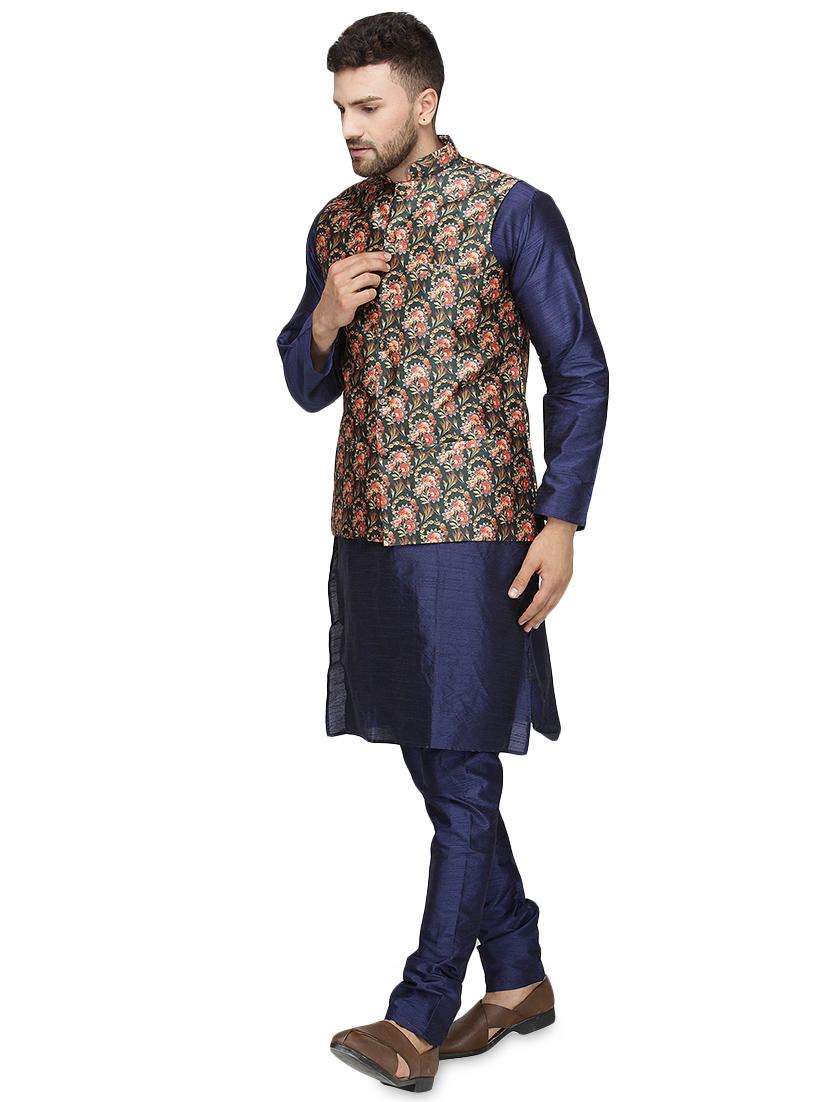 blue silk blend kurta pyjama set with green printed nehru jacket - 16500273 - Zoom Image - 2