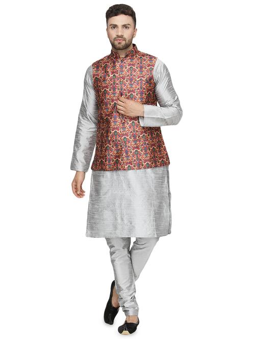 grey silk blend kurta pyjama set with red printed nehru jacket - 16500279 - Standard Image - 1