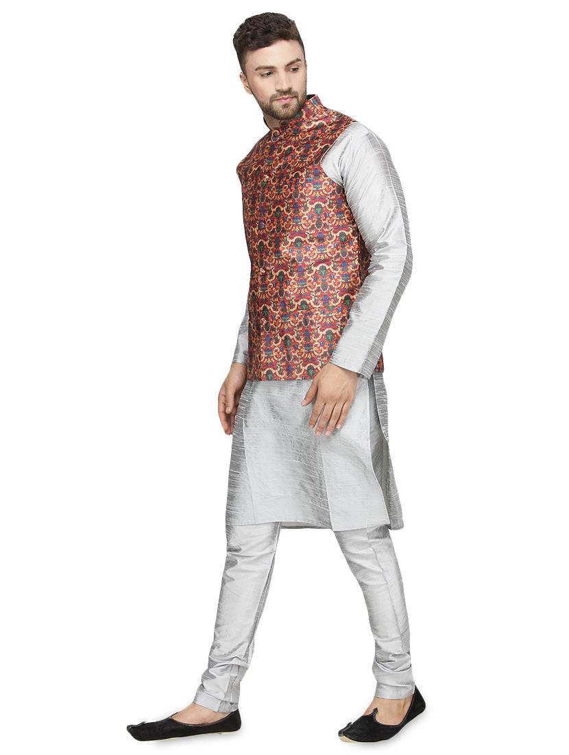grey silk blend kurta pyjama set with red printed nehru jacket - 16500279 - Zoom Image - 2