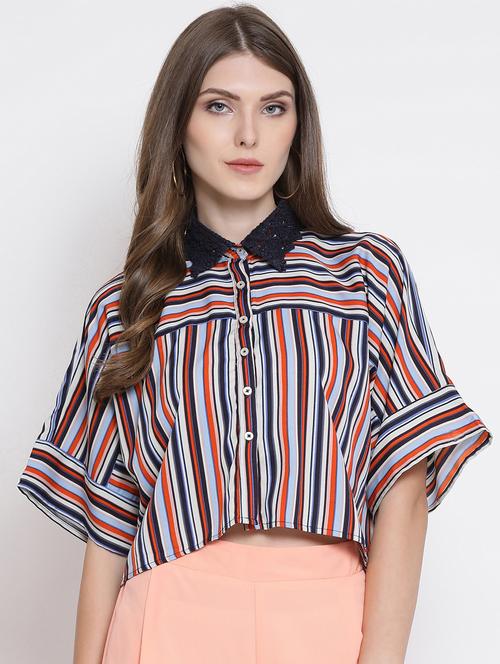 raglan sleeved lace collar striped shirt - 16506861 - Very Small Image - 1