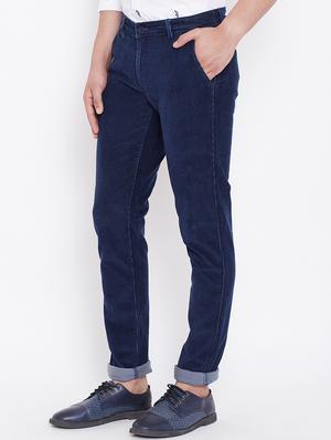navy blue solid corduroy casual trouser - 16509407 - Standard Image - 2