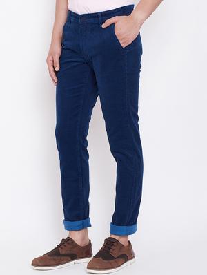 blue solid corduroy casual trouser - 16509408 - Standard Image - 2