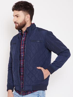 navy blue solid quilted jacket - 16509455 - Standard Image - 2