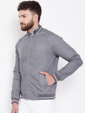 grey solid denim jacket - 16509456 - Standard Image - 2