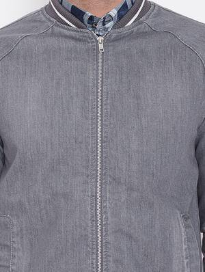 grey solid denim jacket - 16509456 - Standard Image - 5