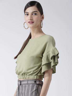 pleated bell sleeved solid crop top - 16513096 - Standard Image - 2