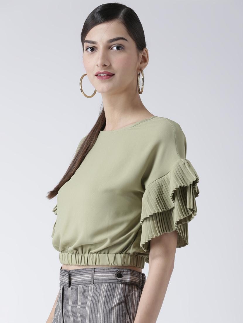 pleated bell sleeved solid crop top - 16513096 - Zoom Image - 2