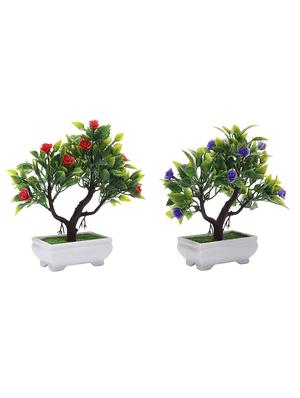 artificial 3 branch bonsai trees combo with shemrock leaves, red and dark purple roses - 16513458 - Standard Image - 2