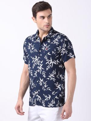 navy blue tropical printed casual shirt - 16515032 - Standard Image - 2