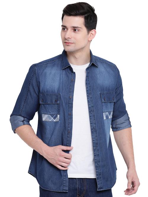 blue denim casual shirt - 16518063 - Standard Image - 1