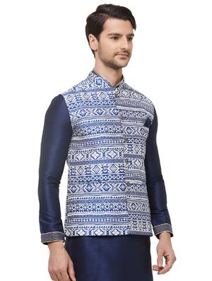 blue silk blend printed nehru jacket - 16518146 - Standard Image - 2