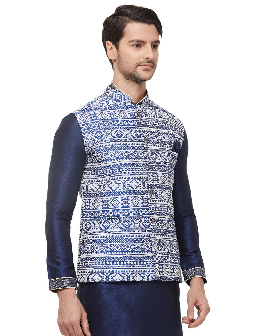 blue silk blend printed nehru jacket - 16518146 - Zoom Image - 2